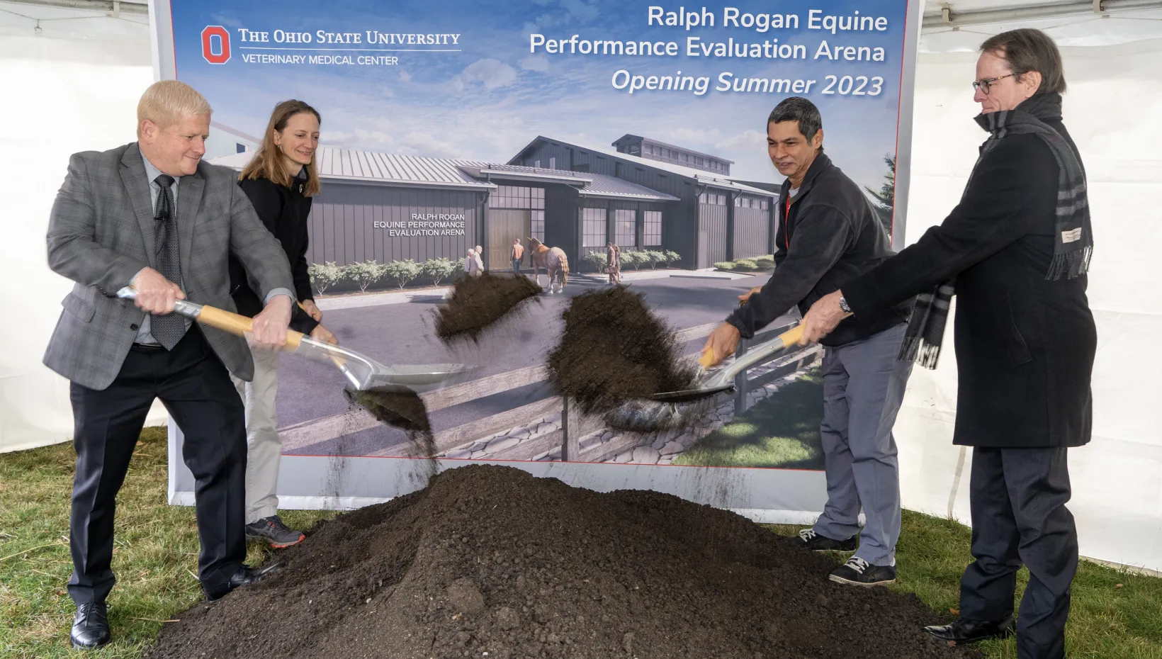 Celebratory groundbreaking posed shot for the Ralph Rogan Equine Performance Evaluation Arena