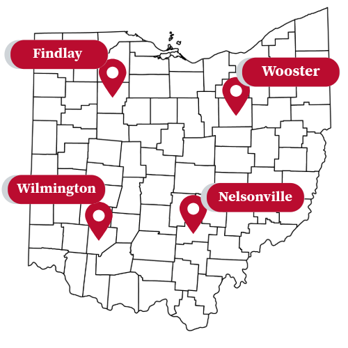 map of state of Ohio showcasing town hall stops in Findlay, Wooster, Wilmington and Nelsonville