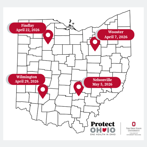map of Ohio counties with pins in Wayne, Hocking, Clinton and Hancock counties showing where the Protect OHIO Town Halls took place