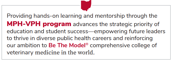 Text box that says "Providing hands-on learning and mentorship through the MPH-VPH program advances the strategic priority of education and student success--empowering future leaders to thrive in diverse public health careers and reinforcing our ambition to Be The Model comprehensive college of veterinary medicine in the world."
