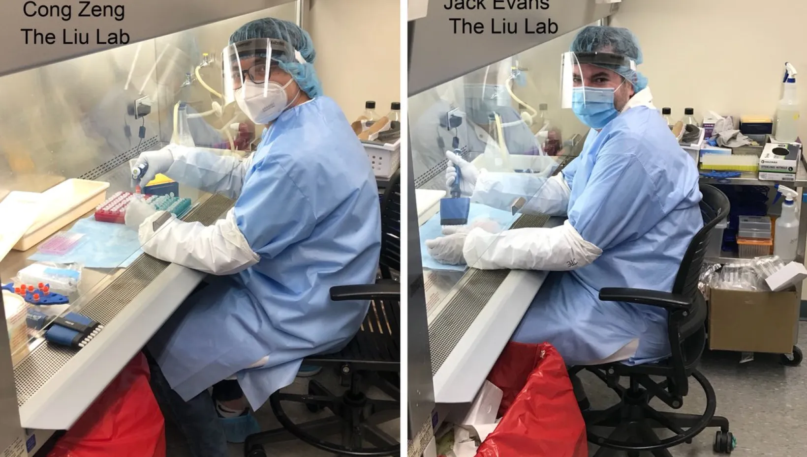 Composition of two photos of Cong Zeng and Jack Evans working in the Liu Lab