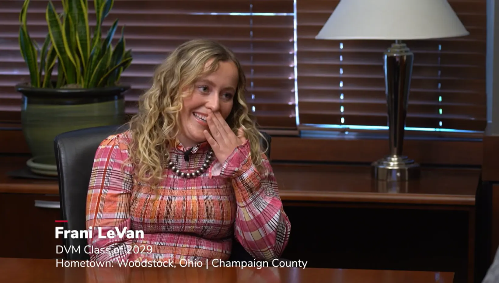 Frani LeVan, first-year veterinary student, reacts to the news of her scholarship