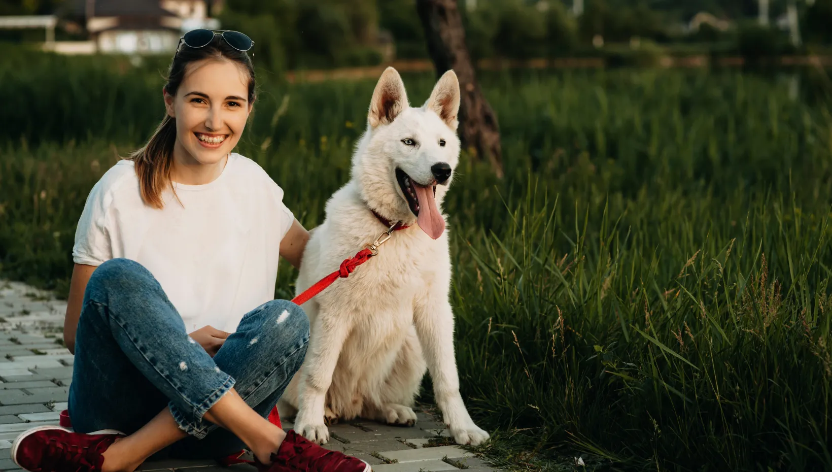 young woman sitting on a sidewalk with white husky