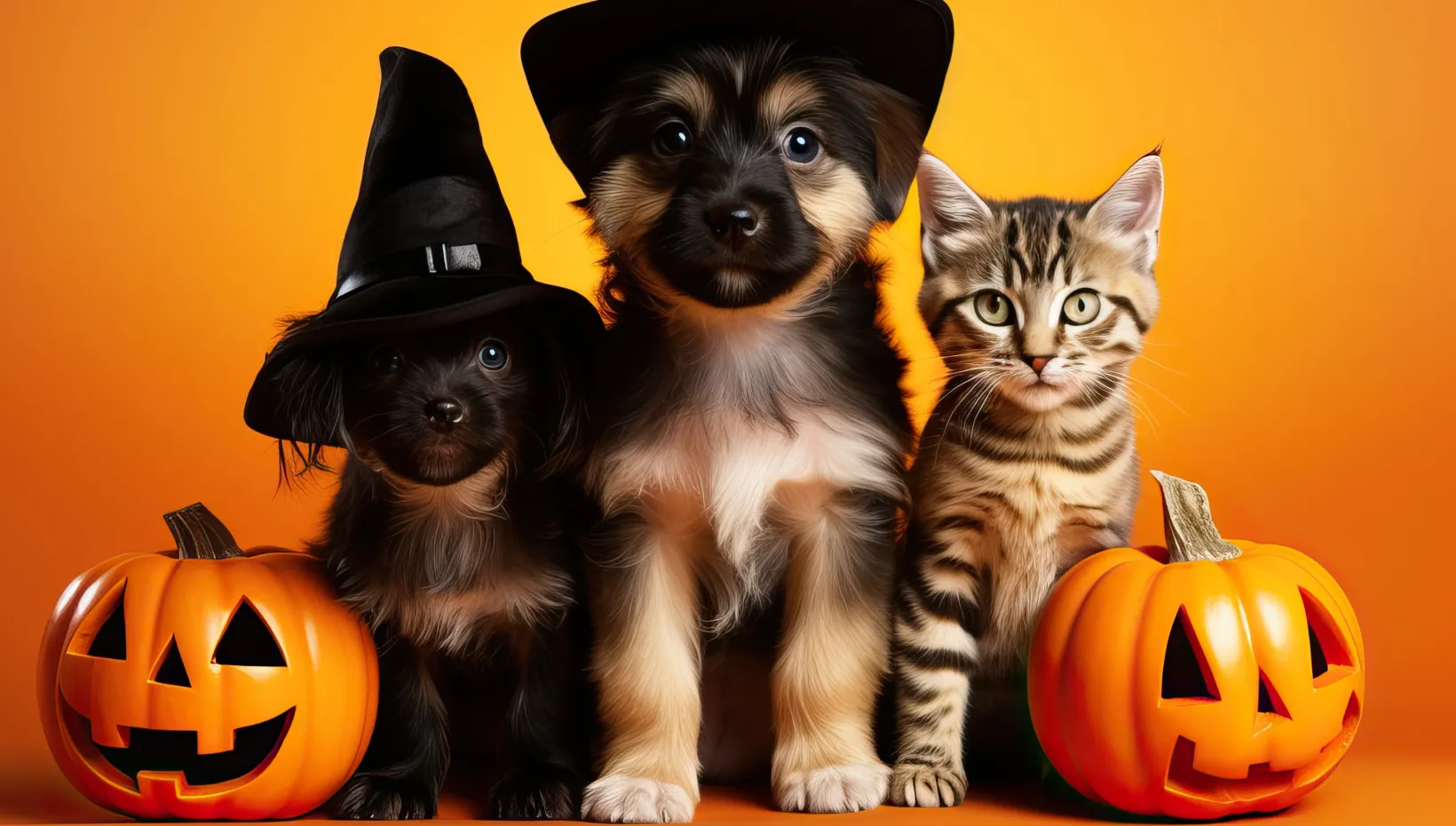 two puppies and a kitten in with pumpkins