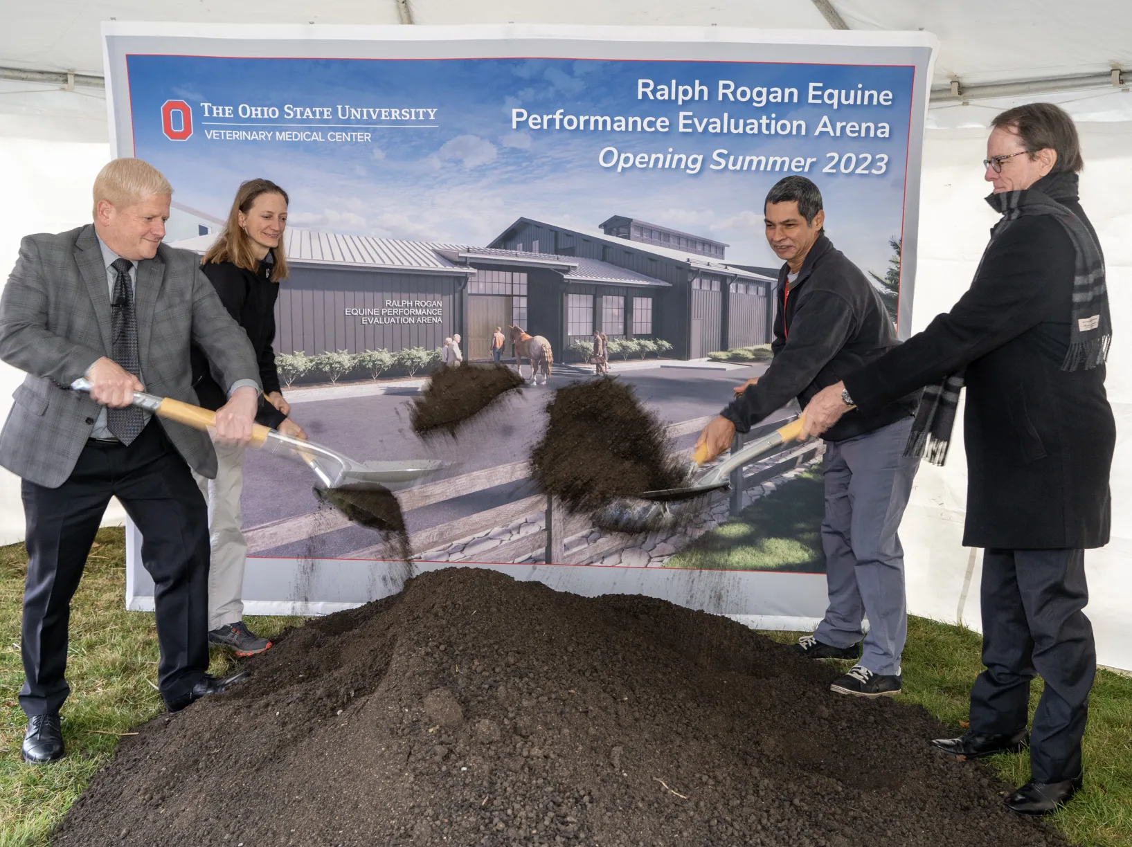 Celebratory groundbreaking posed shot for the Ralph Rogan Equine Performance Evaluation Arena