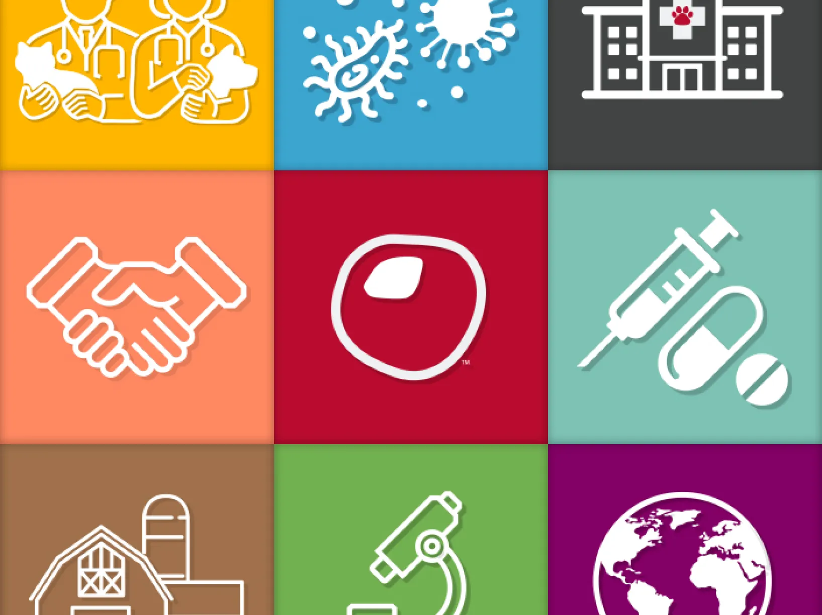 Vector icons of two people holding cat and dog, viruses, animal hospital, two people shaking hands, a buckeye, a syringe, a barn, a microscope and the planet earth. 