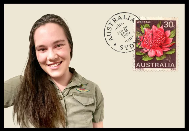 portrait of megan andries with australia stamp and postmark