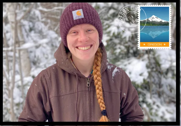 portrait of sophia schwartz cutler with oregon stamp and postmark