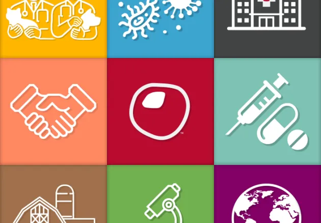 Vector icons of two people holding cat and dog, viruses, animal hospital, two people shaking hands, a buckeye, a syringe, a barn, a microscope and the planet earth. 
