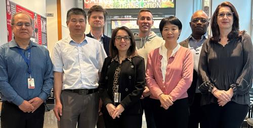 Amal Amer (center) is the contact principal investigator on the grant. With her are research team members (from left): Santiago Partida-Sanchez, Jianrong Li, Maciej Pietrzak, Jacob Yount, Xiaoli Zhang, Prosper Boyaka and Estelle Cormet-Boyaka.