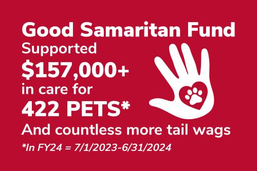 Good Samaritan Fund infographic with content 'the good samaritan fund support $157,000 plus  in care for 422 pets in fiscal year 2024