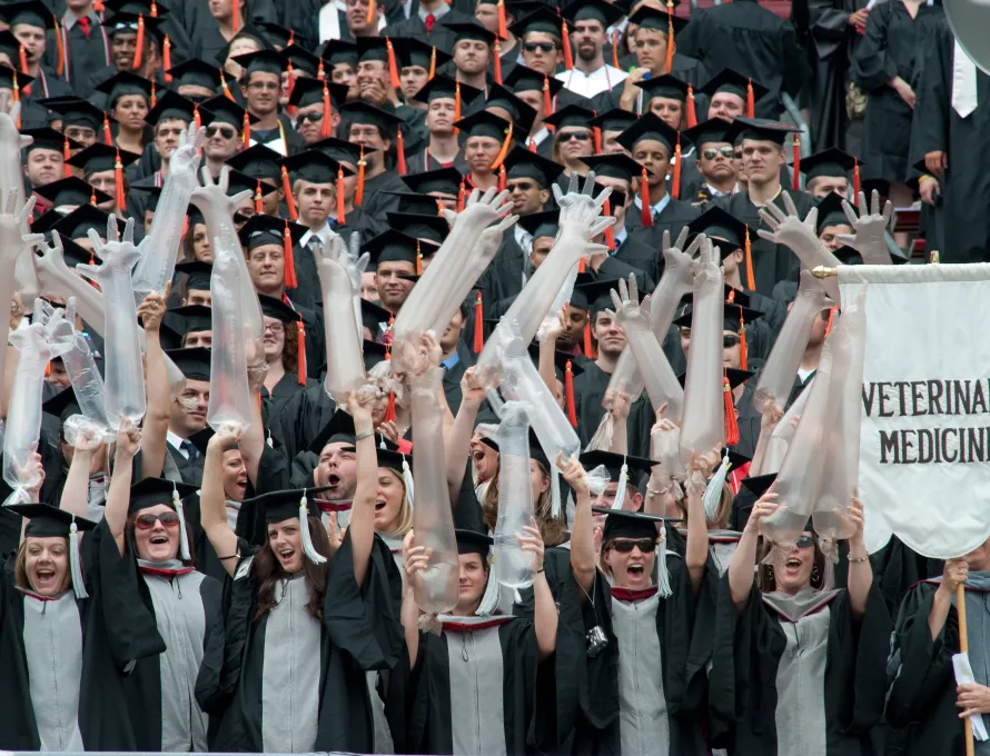 student at commencement celebrating while a Veterinary Medicine sign is held