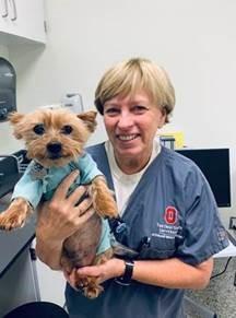 A veterinary technician holding a small dog